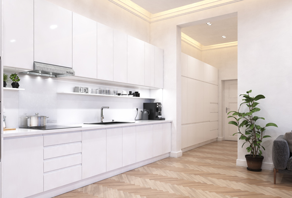 new build white kitchen cupboards and sleek minimal kitchen offset with green plants