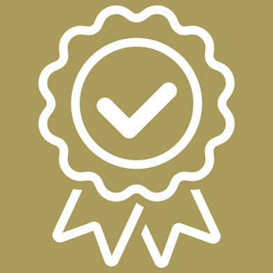 certification rosette line graphic in white with tick in middle